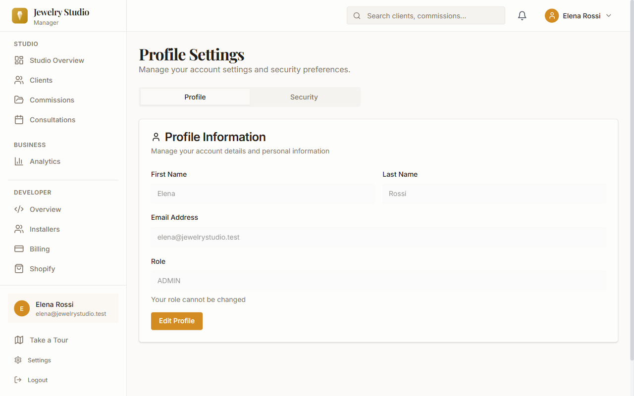 Setup wizard showing studio name, specialty selection, and workflow configuration